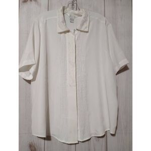 Sellecca Shirt Ladies 18 Button Front Short Sleeve White Embroidered‎ Semi Sheer